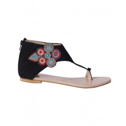 Black Elegant Embroidered Motif Zipper Sandals RG-032